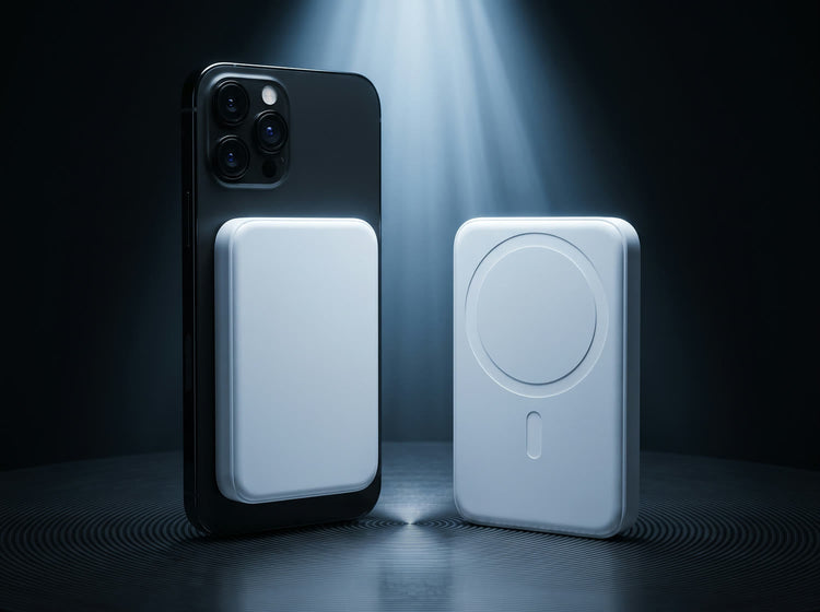 Magnetik power bank in white attached to a phone, with a second unit showing its magnetic ring