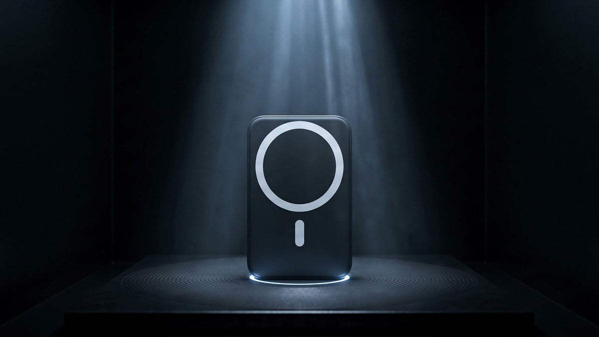 The Magnetik power bank standing on a machined steel plate under cold studio light