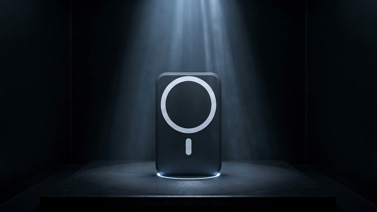 The Magnetik power bank standing on a machined steel plate under cold studio light