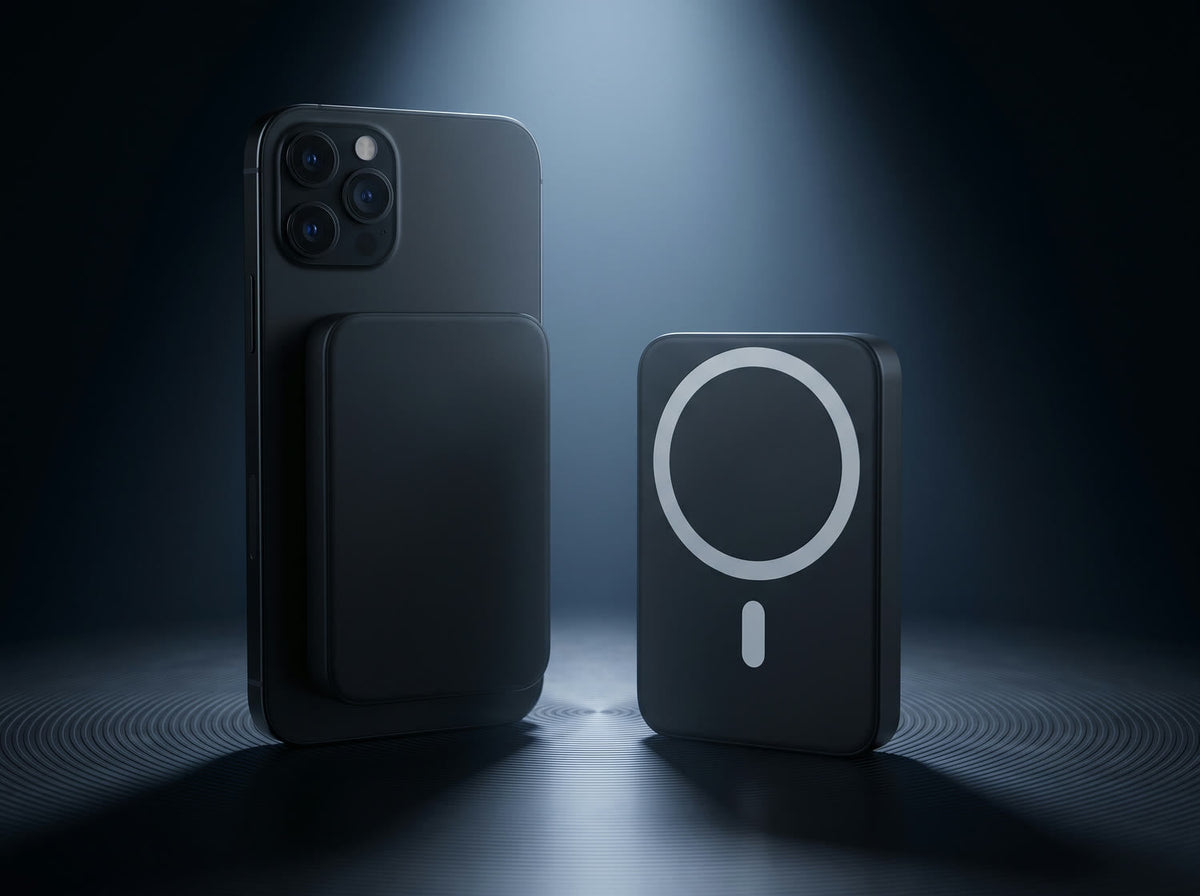 Magnetik power bank in black attached to the back of a phone, with a second unit showing its magnetic ring
