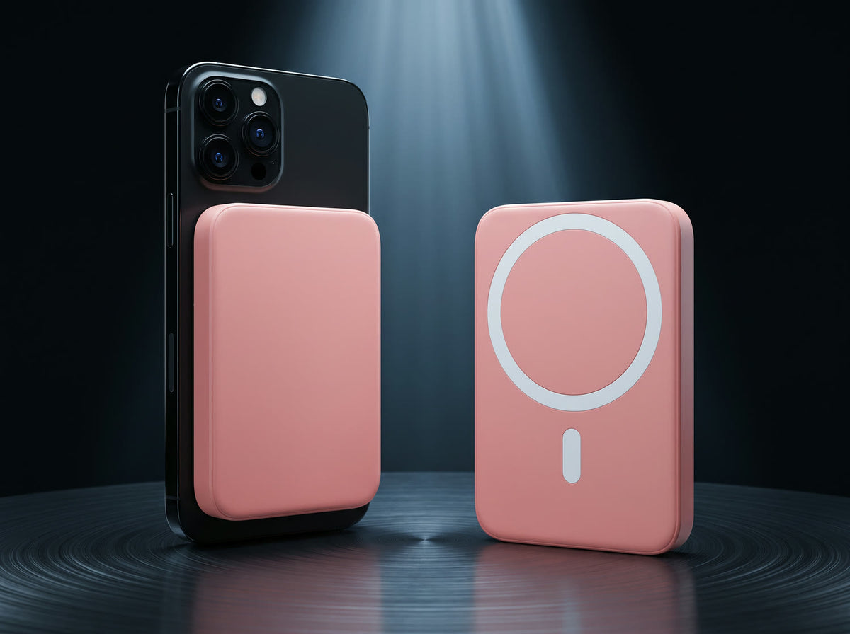 Magnetik power bank in pink attached to a phone, with a second unit showing its magnetic ring
