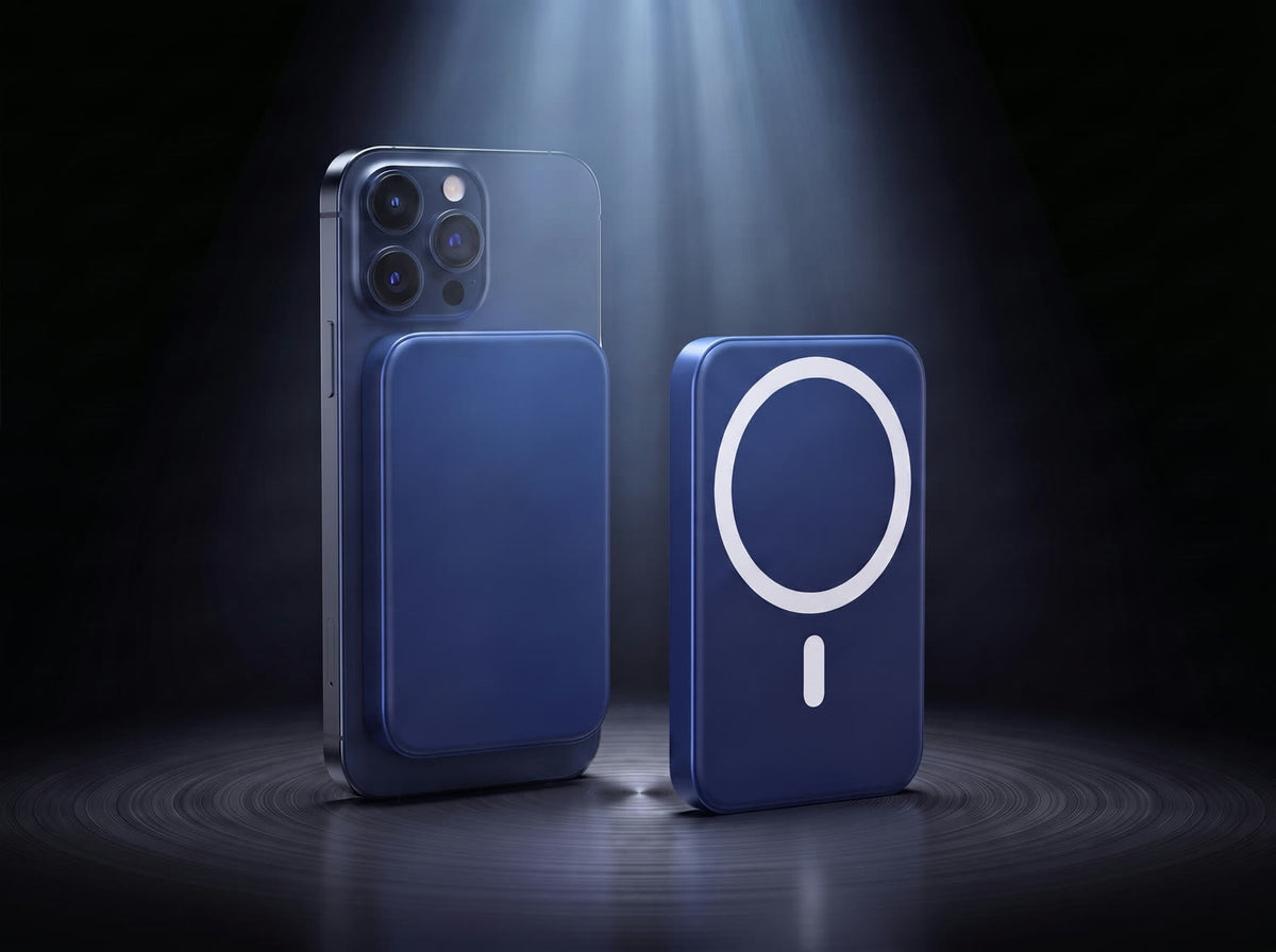 Magnetik power bank in royal blue attached to a phone, with a second unit showing its magnetic ring