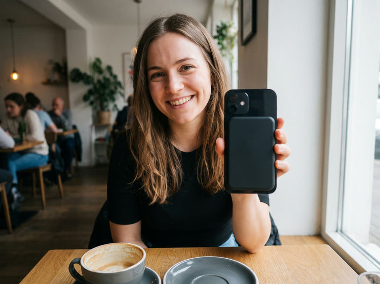 A customer at a cafe holding a phone with the black Magnetik power bank attached