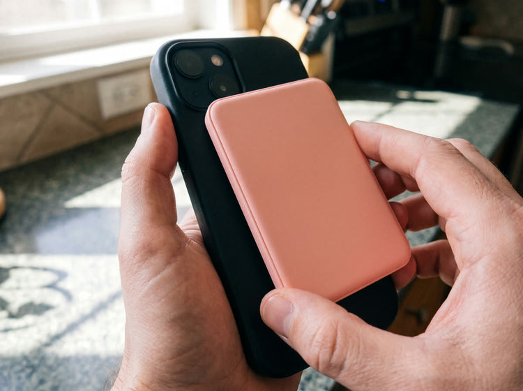 Hands attaching the pink Magnetik power bank to the back of a phone
