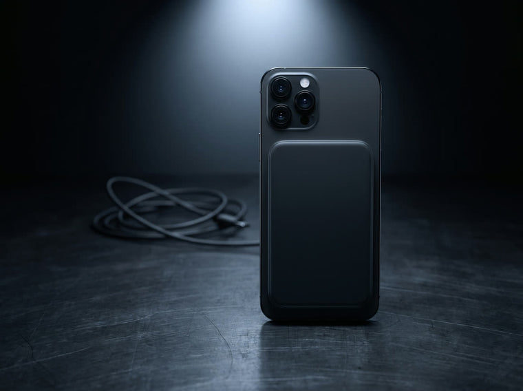 The phone and power bank standing free with a tangled charging cable pushed aside in the background