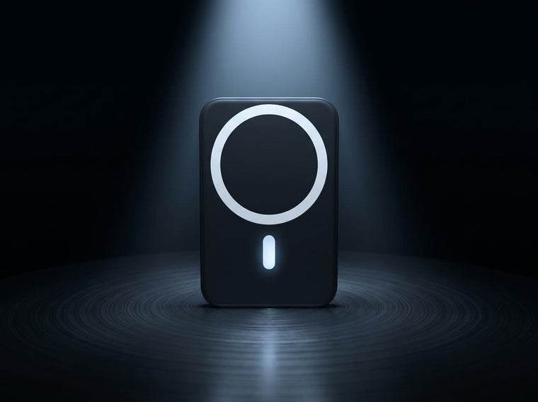 The power bank standing alone with its charge indicator glowing